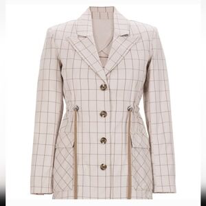 Cabi Windowpane Jacket Style # 6026 Taupe Cinched Waist Size Small